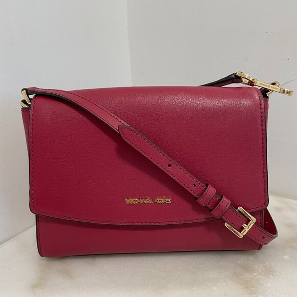 Michael Kors Ellis Medium Flap Messenger Shoulder Leather Bag Maroon - Picture 1 of 15